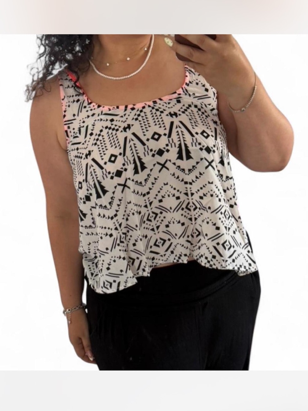Sans Souci Black & White Geometric Tank with Neon Coral Trim